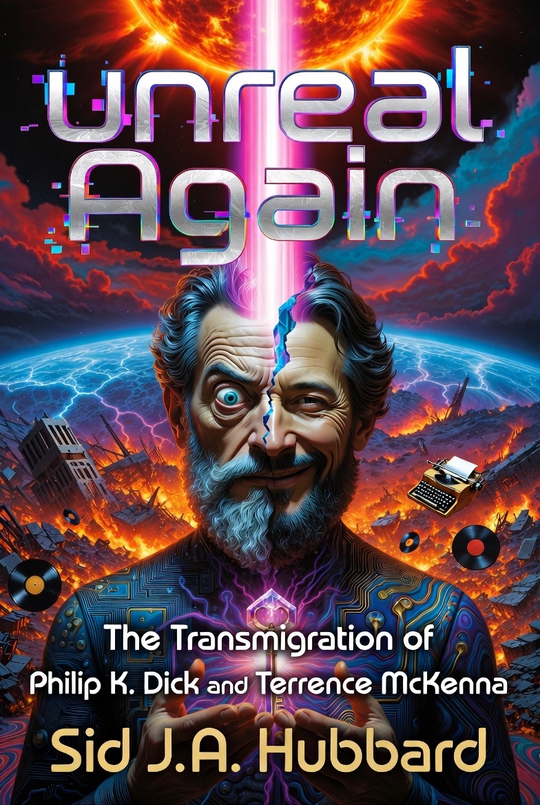 Unreal Again book cover showing a divided face beneath a burning sun and a beam of pink light.